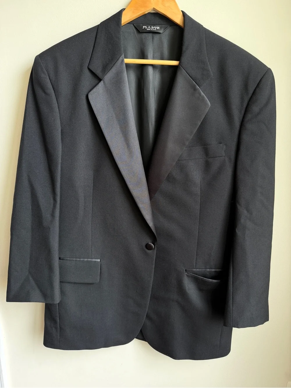 Jos A Bank 100% Wool Formal Wear Jacket 42R Black Satin Notch Lapel 1 Button
